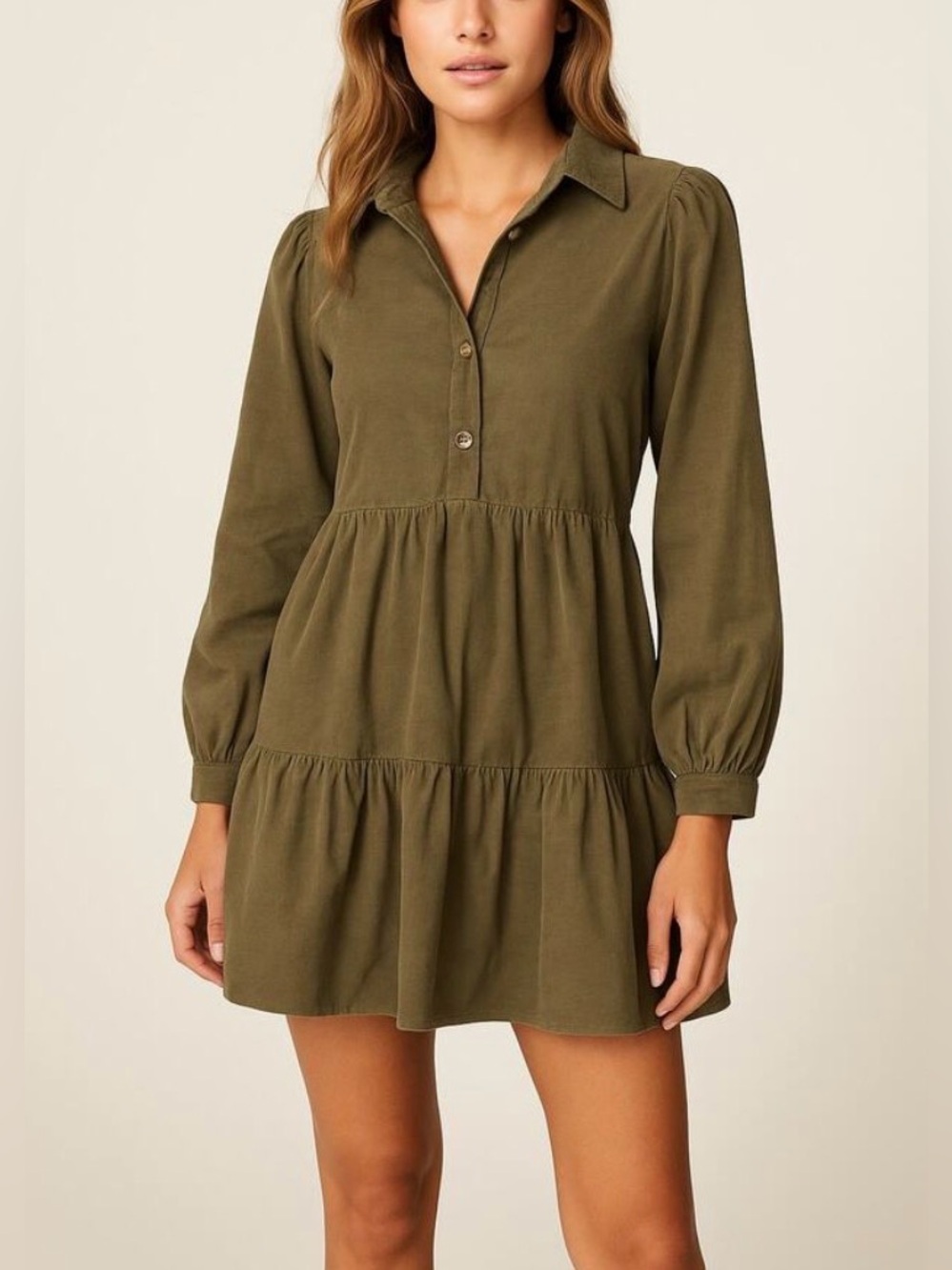 Zara Olive Green Corduroy Tiered Mini Shirt Dress size medium fall cotton comfy